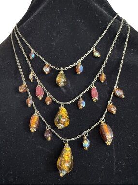 Multi-Layered Gold Tone Necklace with Iridescent Amber and Pink Glass Drops